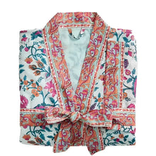 White floral print cotton robe with colorful paisley border and tie waist from India