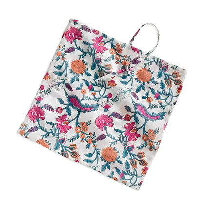 White cotton robe with colorful floral and bird block print pattern for Indian style