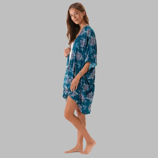 Blue and purple kimono cover up with a floral design.