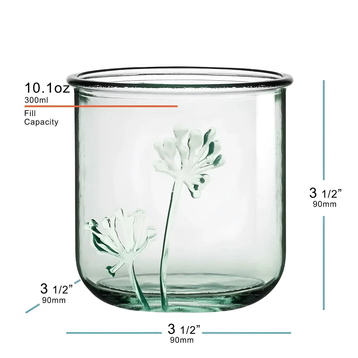 10 Oz Classico Flora Tumbler in recycled glass with embossed floral designs and measurements