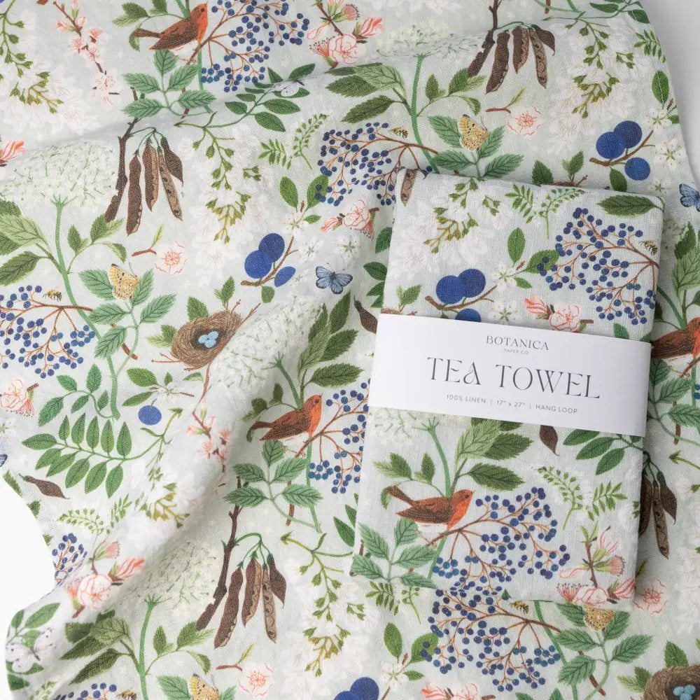 Flowering Trees linen tea towel with floral birds and berries
