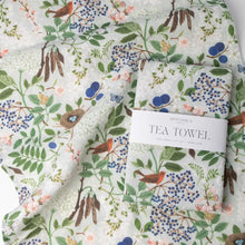 Flowering Trees linen tea towel with floral birds and berries