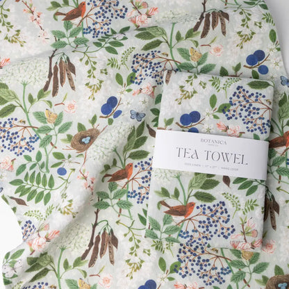 Flowering Trees linen tea towel with floral birds and berries