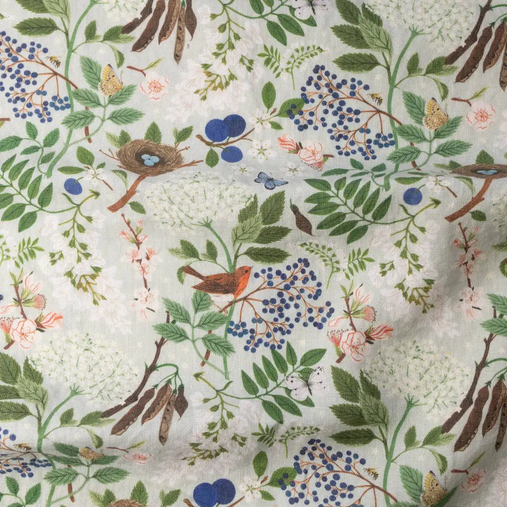 Flowering Trees linen tea towel with floral birds berries on light green cotton blend