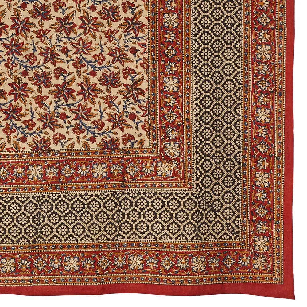 Cream-colored block printed traditional colors vines large tablecloth with floral pattern
