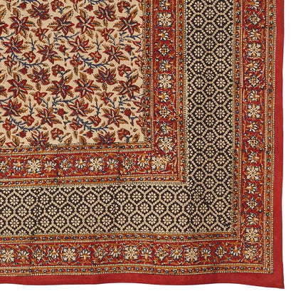 Cream-colored block printed traditional colors vines large tablecloth with floral pattern