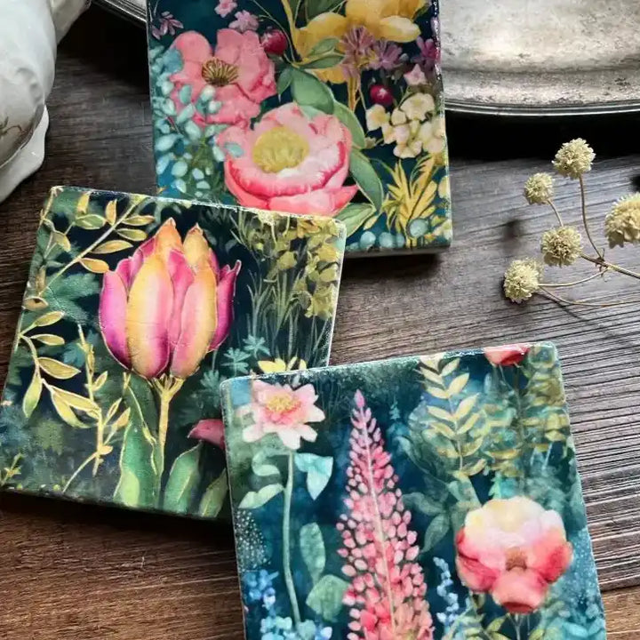 Watercolor Garden Midnight stone coasters - case of 6