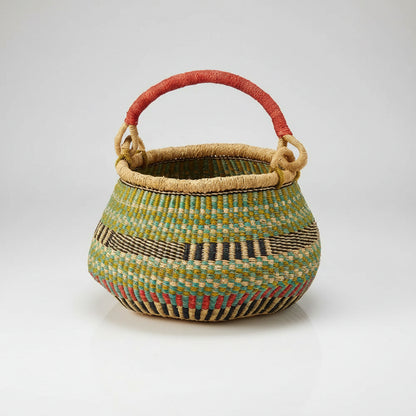 Fresh Fields Bucket Basket with red handles and colorful stripes