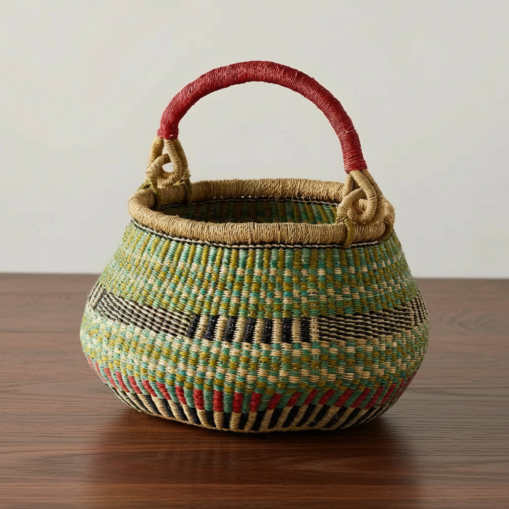Fresh Fields Bucket Basket with red handles and multicolored stripes