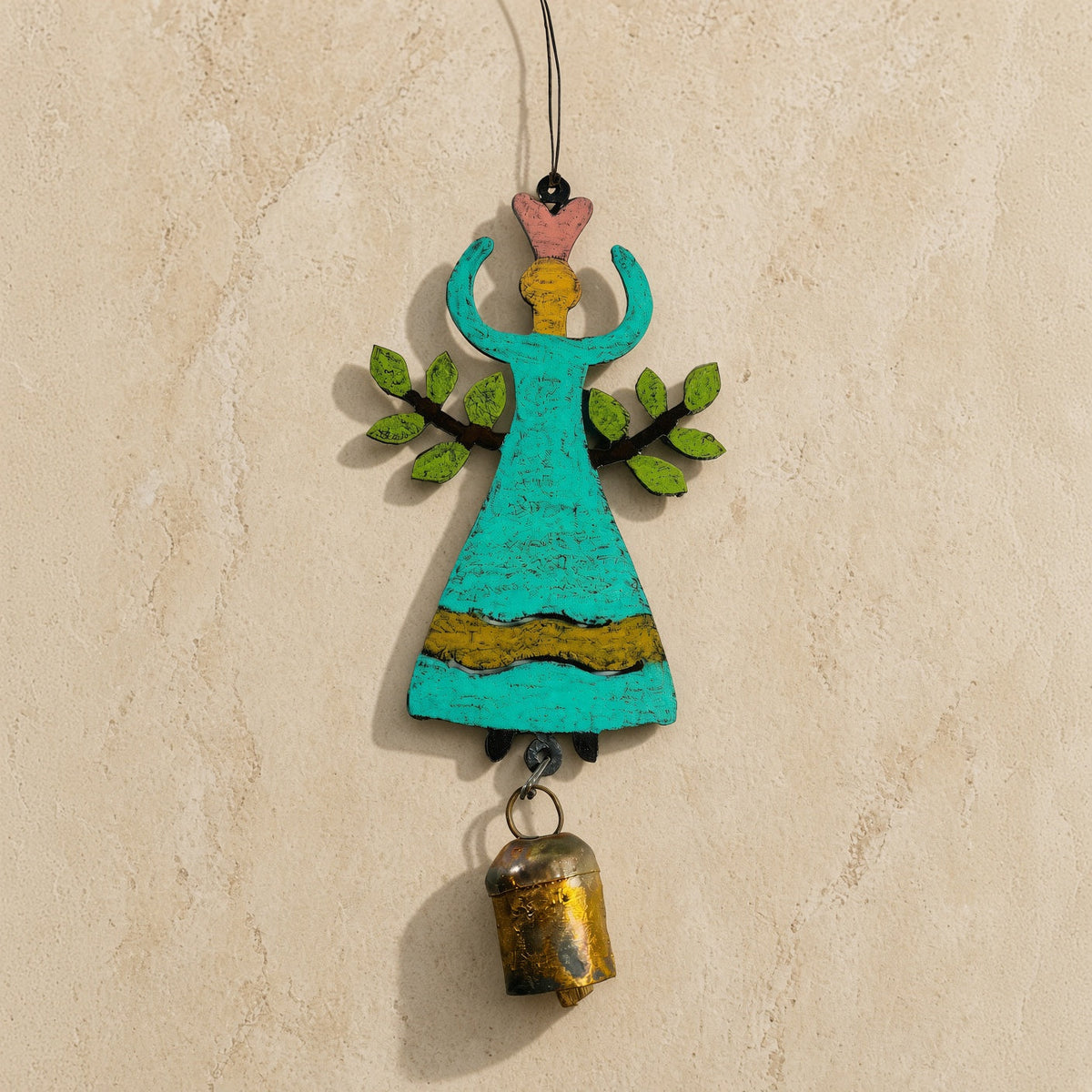 Turquoise wooden garden angel bell ornament with pink crown green leafy arms and brass bell wind chime angel