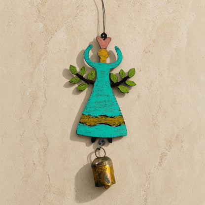 Turquoise wooden garden angel bell ornament with pink crown green leafy arms and brass bell wind chime angel