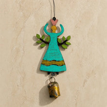 Turquoise wooden garden angel bell ornament with pink crown green leafy arms and brass bell wind chime angel