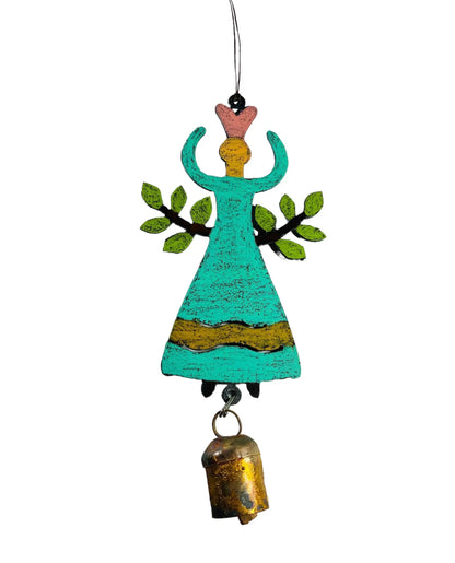 Turquoise handmade angel wind chime with leafy arms and gold dress