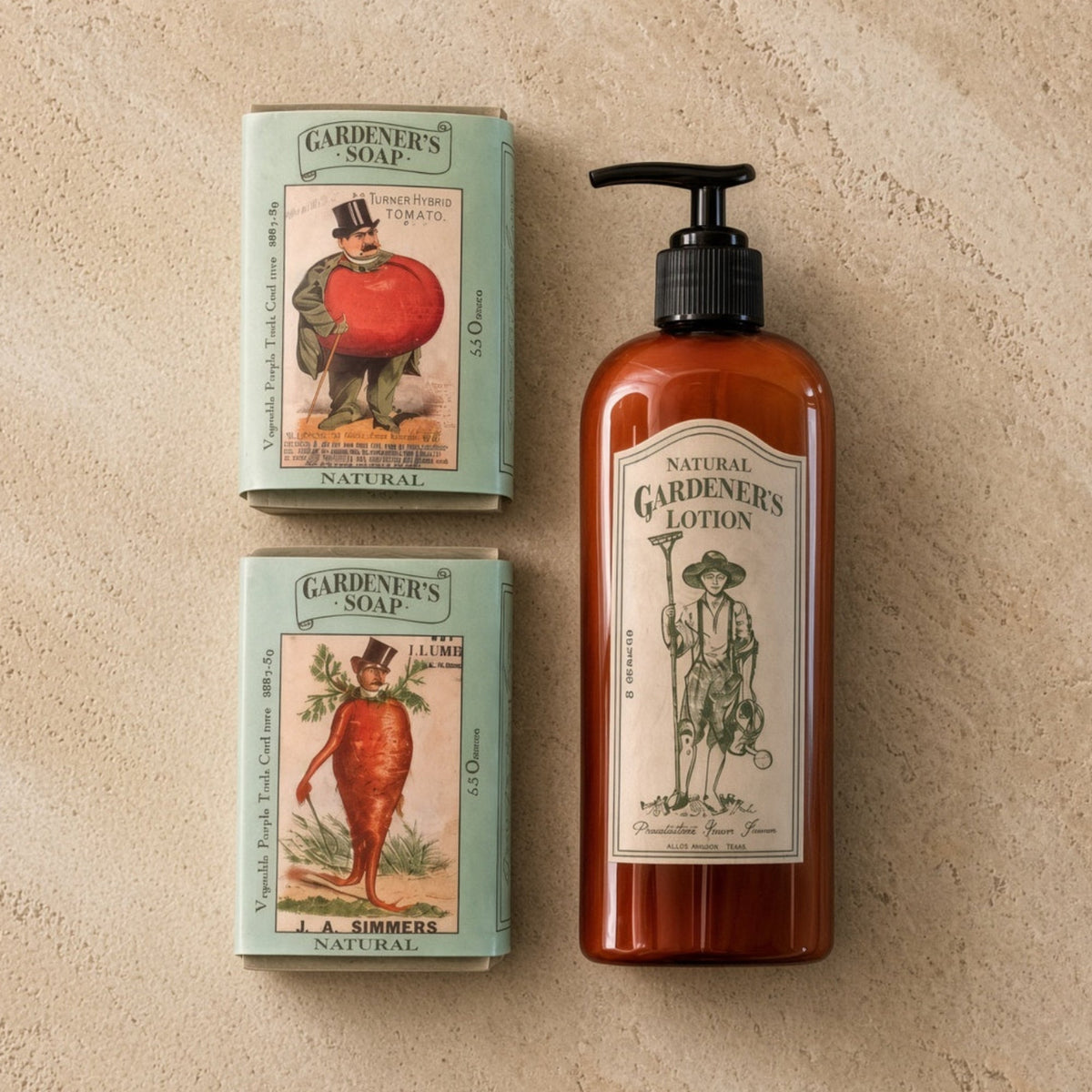 Amber-colored handmade gardener’s soap pump bottle with eco-friendly vintage carrot seed packet label