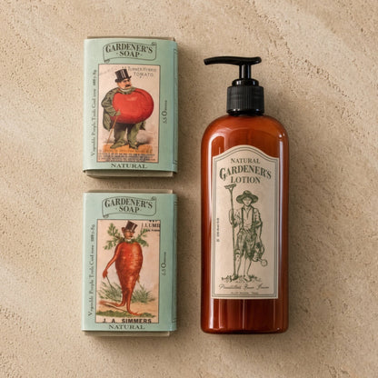 Amber-colored handmade gardener’s soap pump bottle with eco-friendly vintage carrot seed packet label