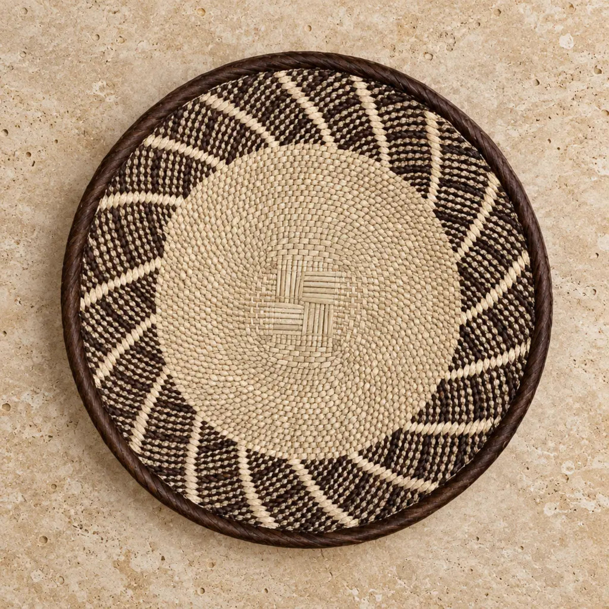 Genuine binga wall basket 12 inch handwoven african basket with dark brown rim and beige geometric patterns