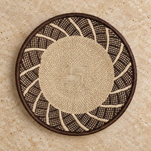 Genuine binga wall basket 12 inch handwoven african basket with dark brown rim and beige geometric patterns