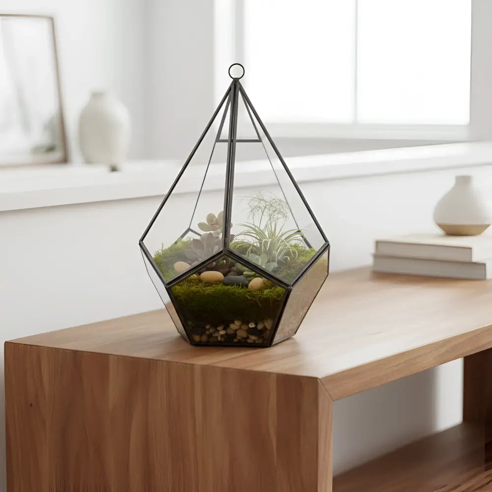 Teardrop glass terrarium with black frame, moss, succulents, stones
