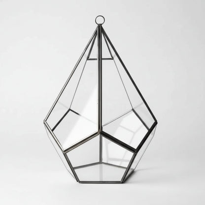 Elegant glass terrarium teardrop with black metal frame for creating miniature landscapes