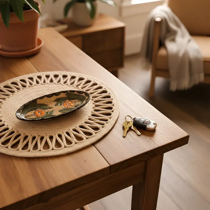 Handcrafted oval ceramic trinket dish with hand-painted orange and green globe mallow design on jute placemat