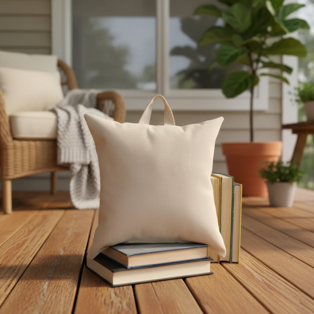 Handmade eco-friendly beige linen reading pillow with top handle, blue zinnia