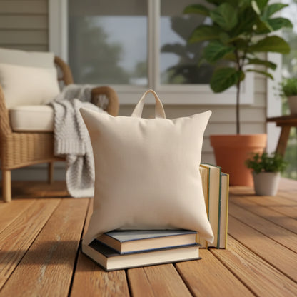 Handmade eco-friendly beige linen reading pillow with top handle, blue zinnia