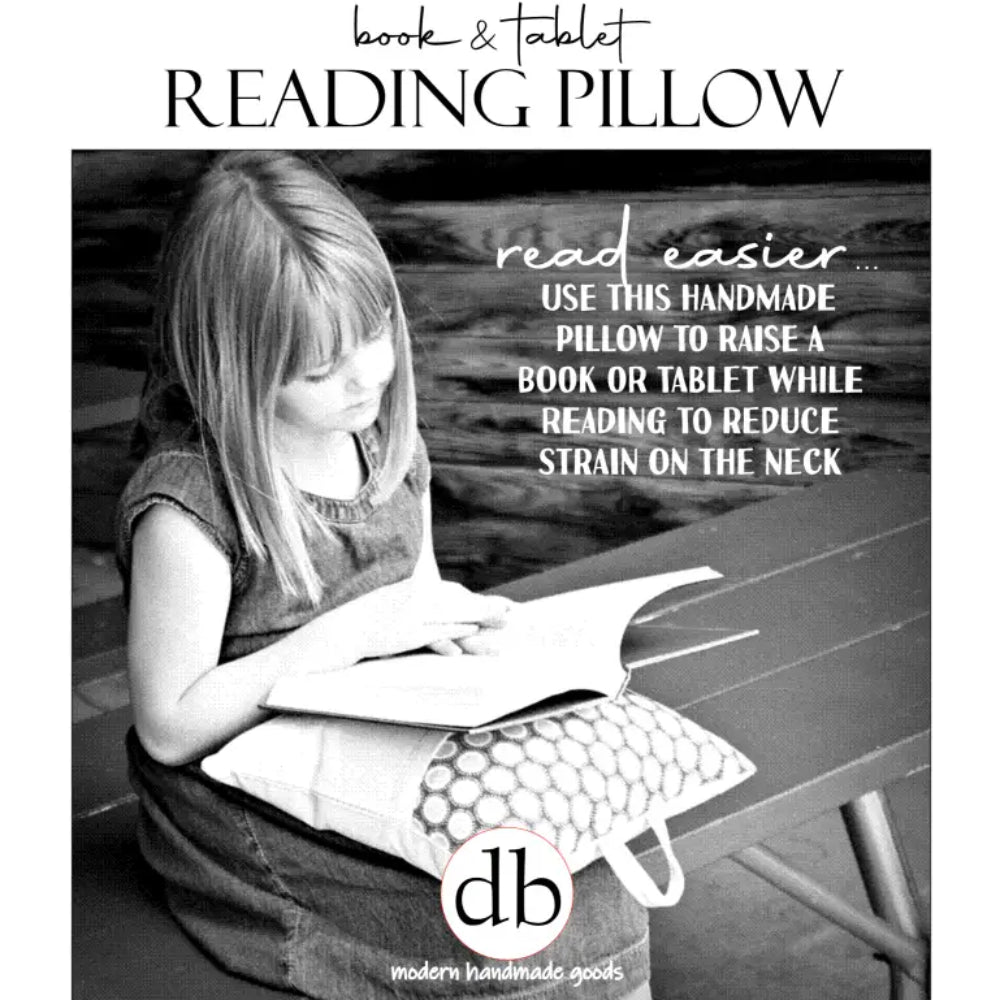 Handmade eco-friendly reading pillow with blue zinnia geometric pattern