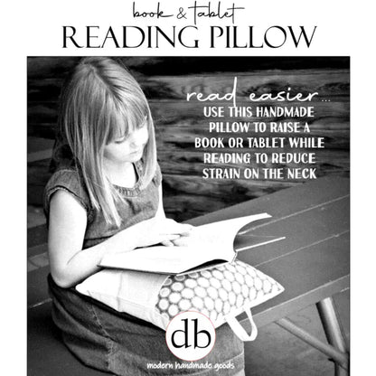 Handmade eco-friendly reading pillow with blue zinnia geometric pattern