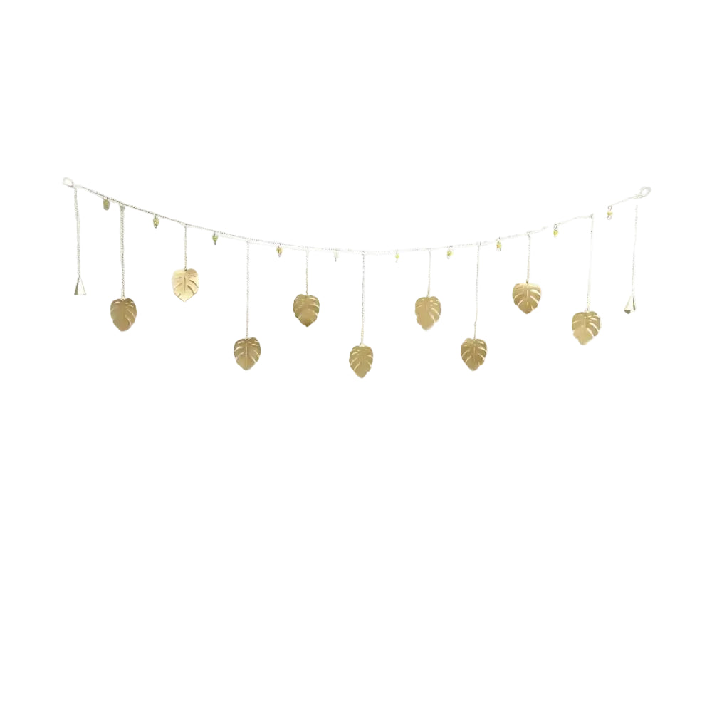 Handmade golden monstera leaf garland with chains, bells, clear coat, eco-friendly