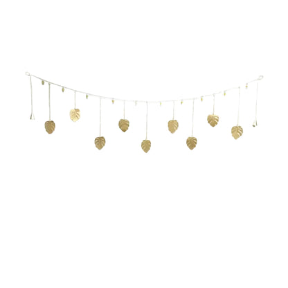 Handmade golden monstera leaf garland with chains, bells, clear coat, eco-friendly