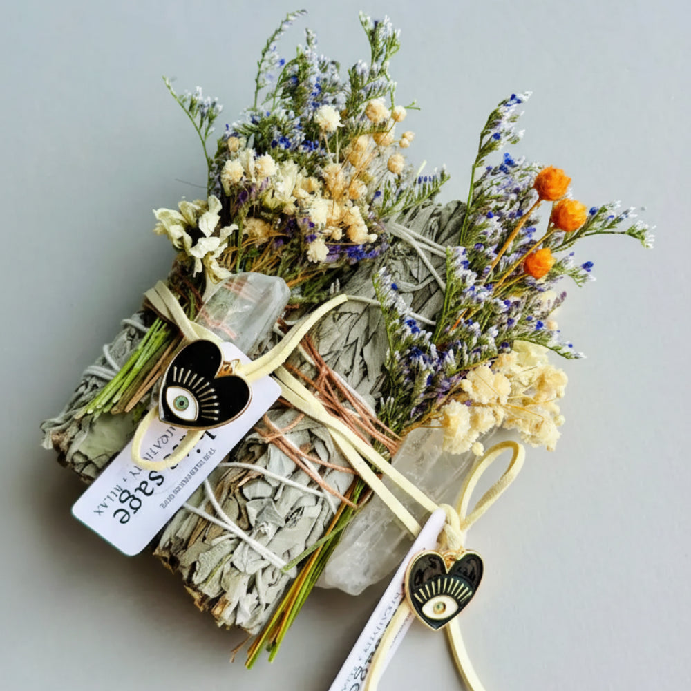 Good vibes bundle of white sage with evil eye charm