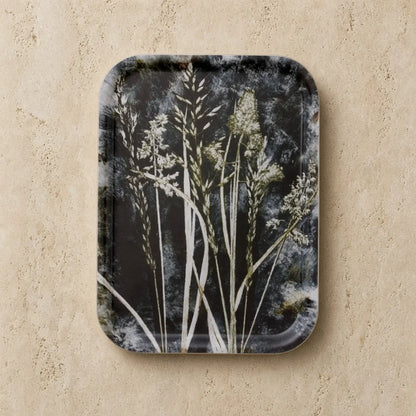 Rectangular charming small tray with black and white botanical grass print made from fsc-certified eco-friendly birch wood