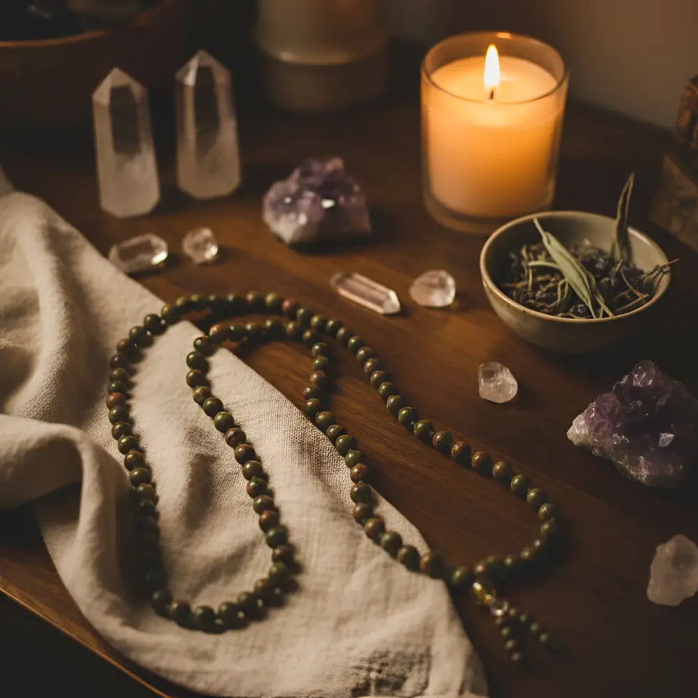 A dark green unakite mala necklace with smooth beads and beaded tassel resting on light cloth to support emotional healing