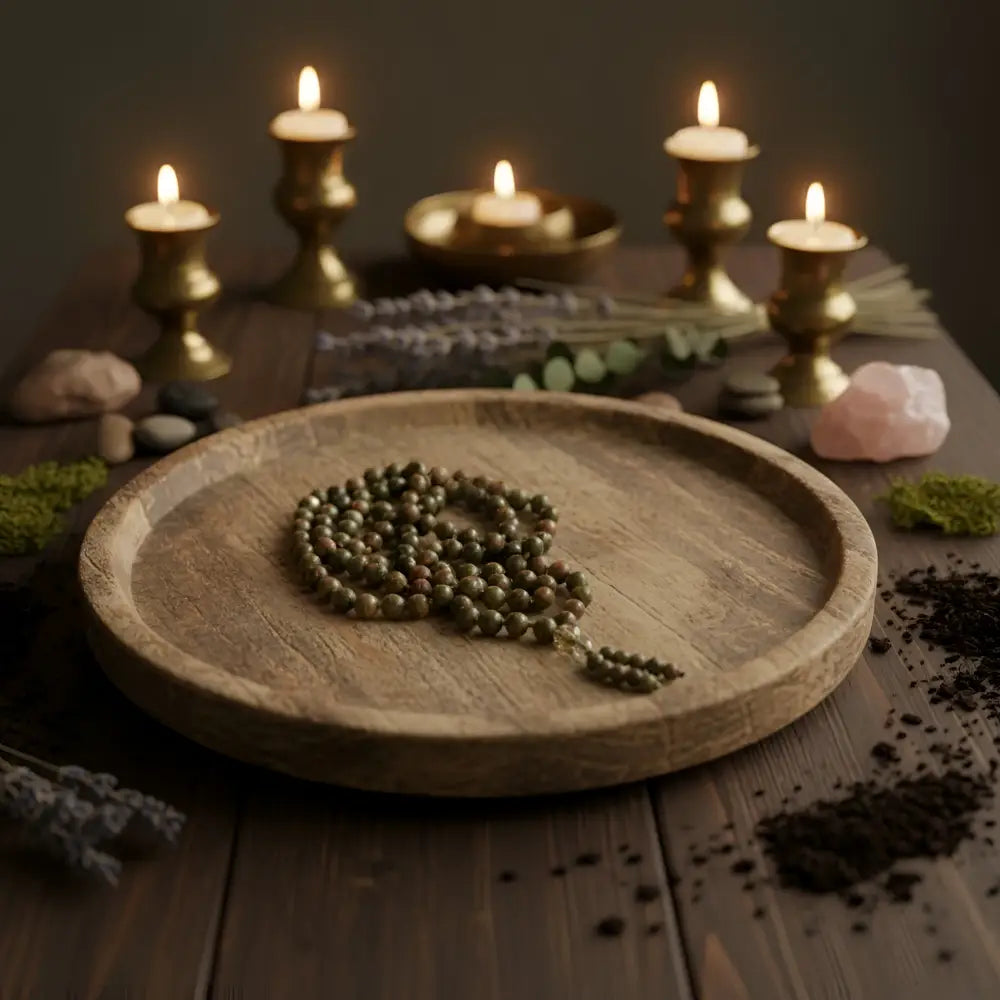 A rustic wooden tray holds a green unakite mala with 8 mm polished beads and a beaded tassel to support emotional healing