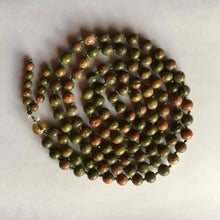 Handmade green unakite malas with 8mm earthy-toned jasper beads and a beaded tassel eco-friendly and handcrafted