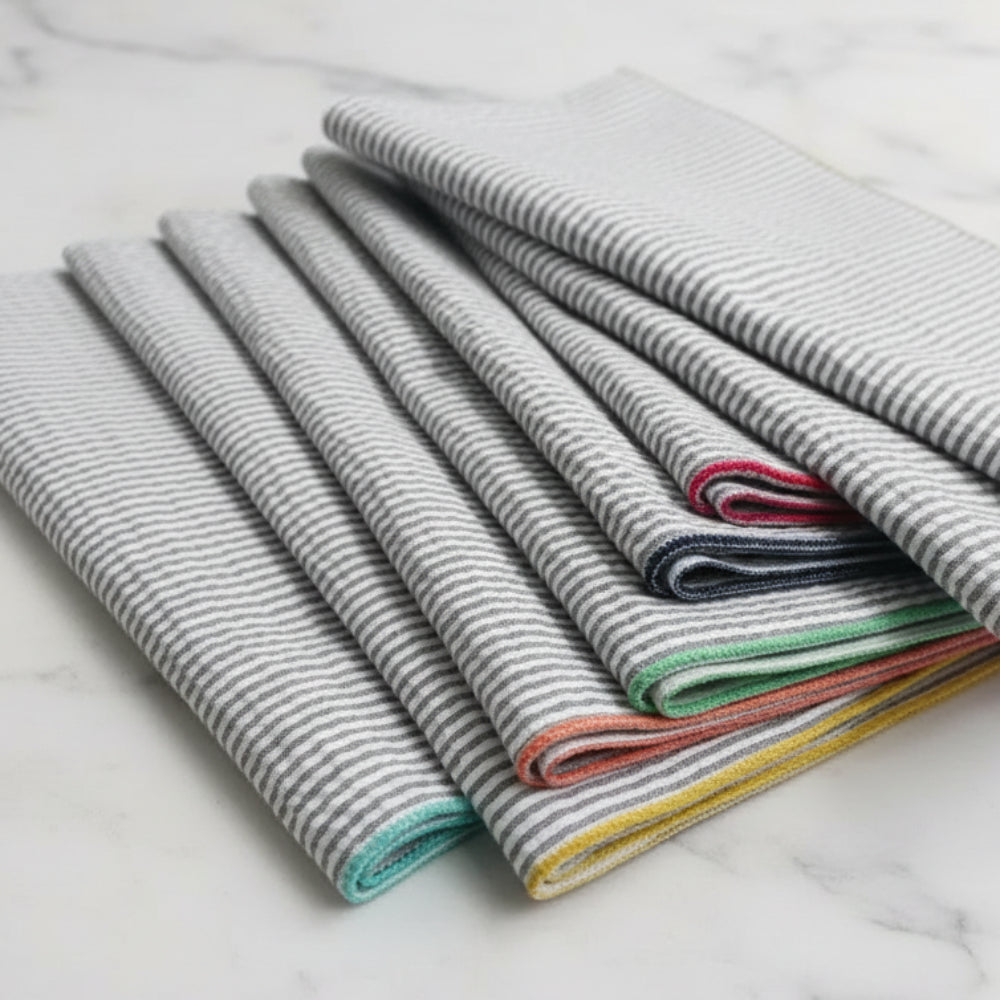 Handcrafted grey seersucker napkins with colorful edges, set of 8