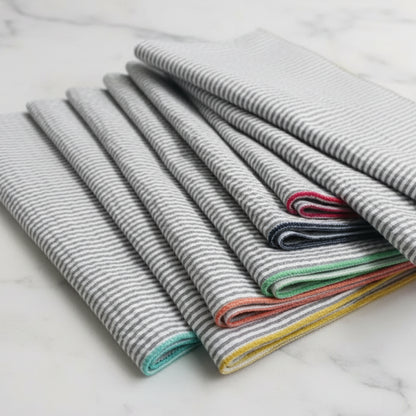 Handcrafted grey seersucker napkins with colorful edges, set of 8