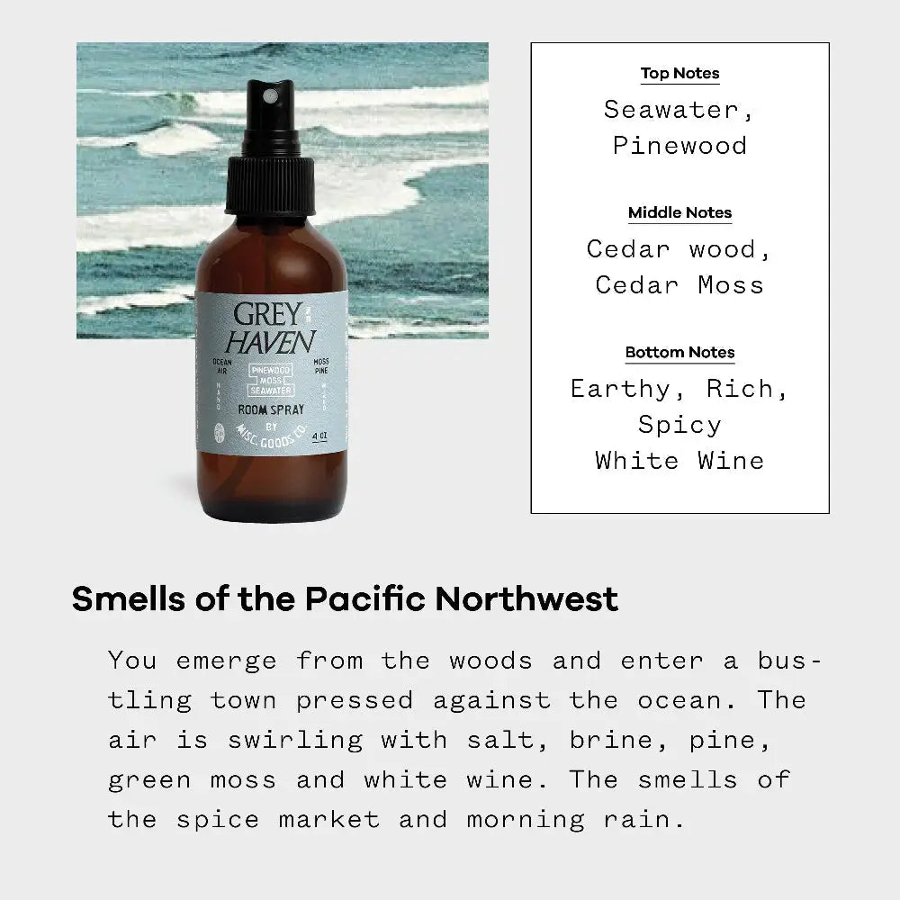 Greyhaven Room Spray – Sea Air Pinewood & Cedar scent information card