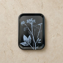 Black rectangular eco-friendly birch wood tray with handcrafted small floral ground elder floral design