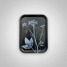 Black rectangular ground elder serving tray with white floral design made from eco-friendly birch wood