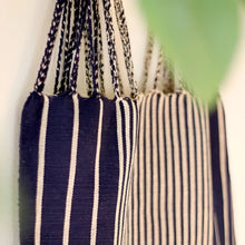Hand woven navy blue and cream striped Las Rayas tote from Luz Collection