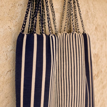 Navy and cream striped hammock tote bag handwoven in mexico by indigenous mayan artisans with braided handles