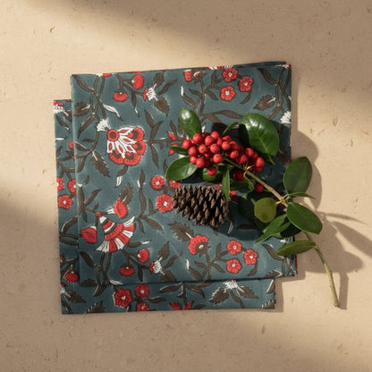 Dark teal hand block printed floral cotton napkins for fair trade home decor
