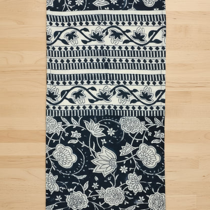 Fair trade hand block printed fabric in black and off-white for Pinecone and Berry Table Runner