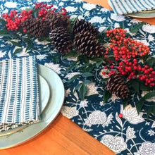 Fair trade hand block printed pinecone and berry table runner for festive decor