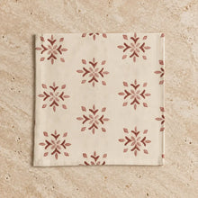 Cream-colored hand block printed organic cotton fabric napkin with rust-red amber mosaic design floral motifs set of 4