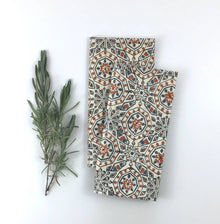 Two folded hand block printed fair trade organic cotton cloths with geometric pattern