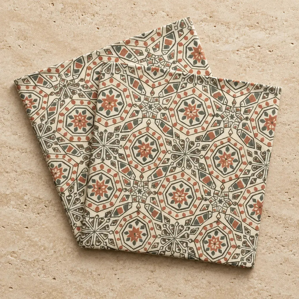 Beige hand block printed organic cotton napkins with terracotta and dark green mosaic floral print set of 4