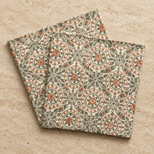 Beige hand block printed organic cotton napkins with terracotta and dark green mosaic floral print set of 4