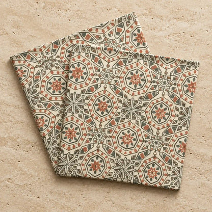 Beige hand block printed organic cotton napkins with terracotta and dark green mosaic floral print set of 4